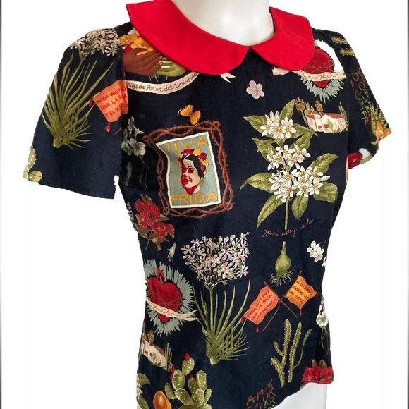 Hemet Store Frida Kahlo Cactus Collared Retro Pinup Top Blouse Sz S - Picture 1 of 11